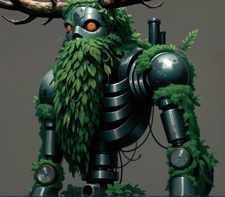 robot covered in moss and greenery, rusty, rust
