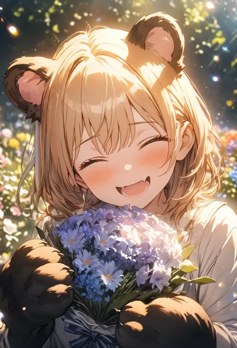 Face close-up,(Paw Paws),(((Perfect hands))),(Close your eyes and laugh), Anime, depth of field, cinematic lighting, lens flare, f/1.2, (Masterpiece: 1.2), (high resolution), flower garden, light effects, emotion photo, full of kindness, (bouquet for you),...