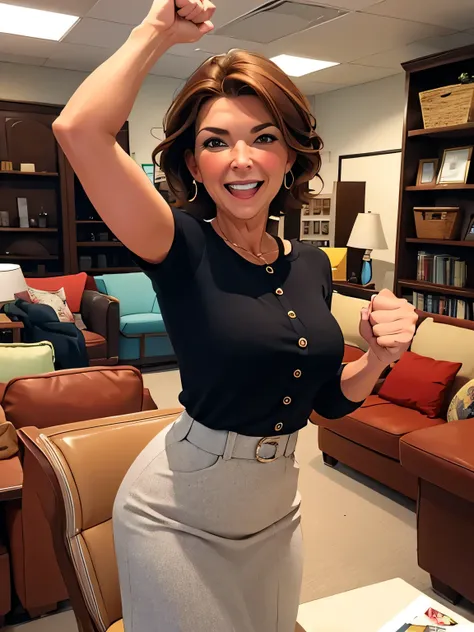 a woman in her mid-50s of Northern European type with brown hair. She is happy about a personal success. She makes a winning pose with a fist. She joyfully shouts: “Yes”, into the camera. She works in a furniture store. 