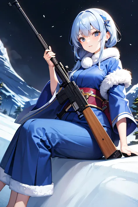 A beautiful Japanese woman wearing Russian-style blue winter gear with a rifle