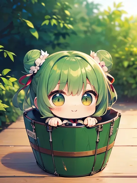 smile、Dark green hair bun、Metal Band、Ultra HD、super high quality、Luxury garden background、((Looking at the camera))、Green bun hair、ニコニコsmile、(((二頭身の嬉しそうな表情のChibi Character)))、(((銀髪のあずきの擬人化したChibi Characterと一緒)))、(((器に入った緑のお団子ヘアのChibi Character)))、(((小豆の擬人化...