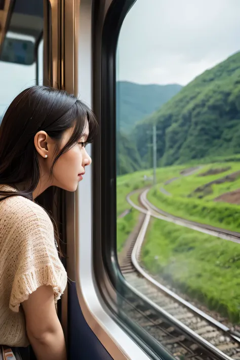 A woman looking at the scenery from the train window