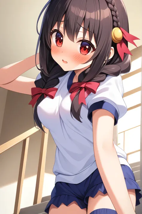 Alone, One Girl、Crown braids in the same color as your hair, Hair accessories, Hair Ribbon,(White gym uniform and navy blue bloomers)、Black Hair、(blush:1.5)、My breasts are a little large、cool、(Embarrassed look:1.4)、Climbing the stairs of the school buildin...