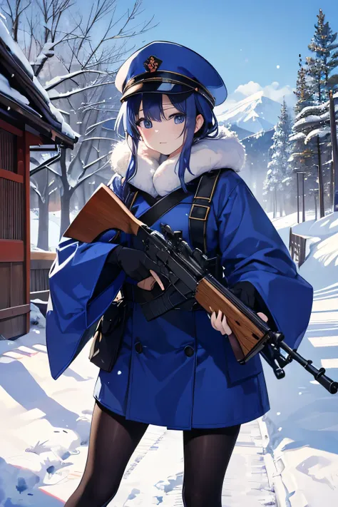 A beautiful Japanese woman wearing a blue Russian hat and winter gear, holding a Type 38 rifle