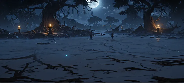 Game scene, No human, Battle scene, Ultra high definition, Animation style, floor, Withered tree, Dashan, The moon, The picture is bright., Moonlight, Lamp