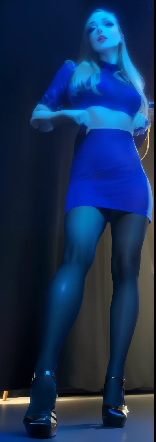 araffe dressed in blue posing on stage, wearing a sheer blue dress, exposed thighs, pantyhose, nylons, tights, thighs close up, high heels, blond hair, long hair, pretty face, masterpiece, highly detailed