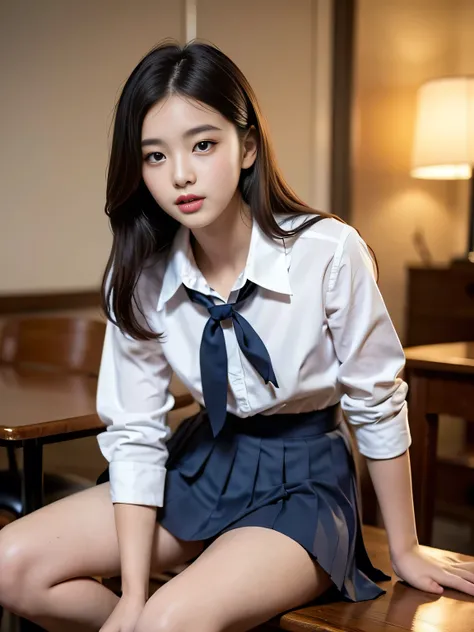 Very beautiful  cute girl、Bright and beautiful skin、Sexy and very beautiful、Very cute face，extremely beautiful、 lips、Junior high school uniform shirt、Pleated Skirt、8K