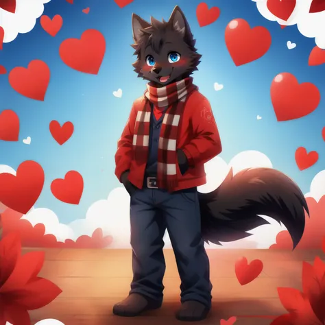 black wolf, boy, Cuteness, blush, happy face, Blue eyes, red jacket, jeans, Heart patterned scarf, Standing, Barefoot,