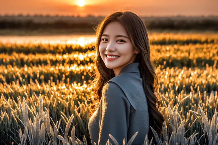 Best Quality　masterpiece　detailed　A very beautiful woman is smiling and standing in front of silver grass illuminated by the sunset　Photo style　Fantasy　Dramatic Production　Fantasy