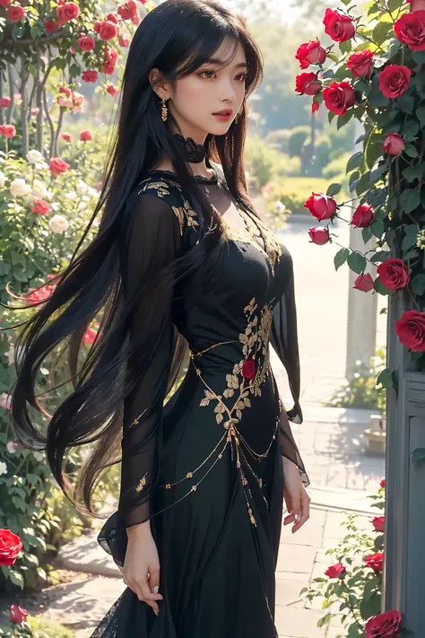 A mysterious woman with long, flowing black hair stands in a lush, blooming rose garden. She is wearing an elegant, form-fitting black dress with intricate golden embroidery and lace details. The setting is sunlit, with soft sunlight filtering through the ...