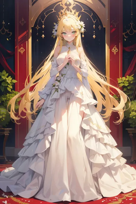 girl, blonde straight hair, green eyes, (long floor-length gorgeous beautiful fantasy white princess gown with embroidery and layers), white gloved hand holding crotch, flower accessories, masterpiece, best quality, colourful, full-body image, garden, stan...