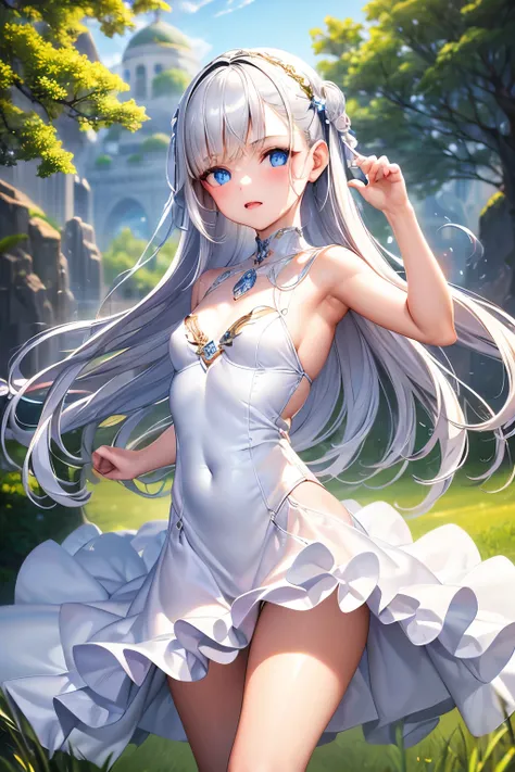 masterpiece,Best Quality,Very detailed,beautiful girl, teenager,High Fantasy,fantasy white dress,Jewelry Accessories,Outdoor,squirt,Small breasts,Narrow waist,Straight silver hair,Perfect Blue Eyes,Very cute,Active pose