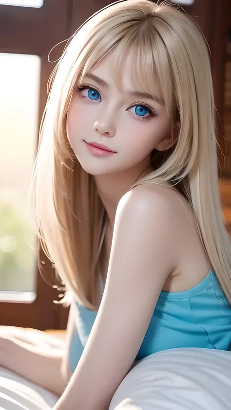 Extraordinary sexy beauty、Beautiful calm and bright expression、Large, incredibly bright light blue eyes that shine beautifully、Very big eyes are very beautiful、Baby face and refreshing appearance、Perfect beautiful pretty face with bangs over the face、Long ...
