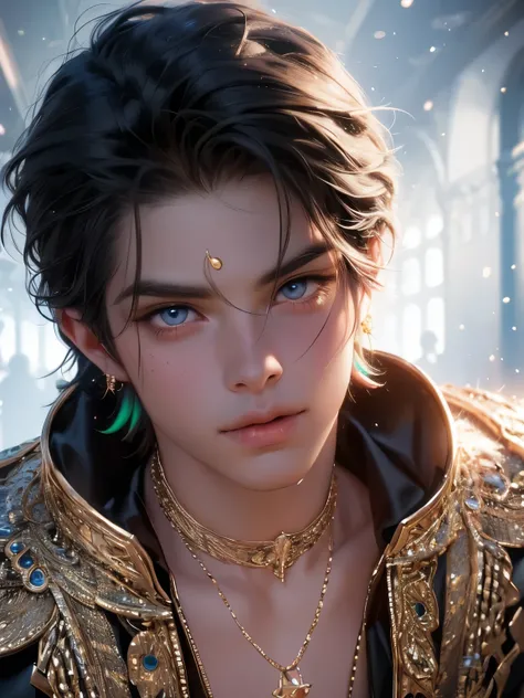 The magical look of a boy with wavy blond hair, Rainbow eyes , sparkling eyes ! just sparkles from the eyes - such a piercing look !! dark skin, Cute boy, boy with a beautiful face, Realistic anime style, the boy looks like a KPOP idol . Mysterious magic s...