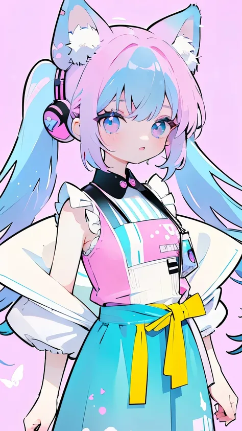 whole body, Feline Girl，A hairstyle with pink on top and light blue tips, Blue antennae headband in her hair, Has butterfly wings on its back, Colorful rainbow eye color, Sleeveless light blue dress, She wears a pink and yellow Saturn belt around her waist...