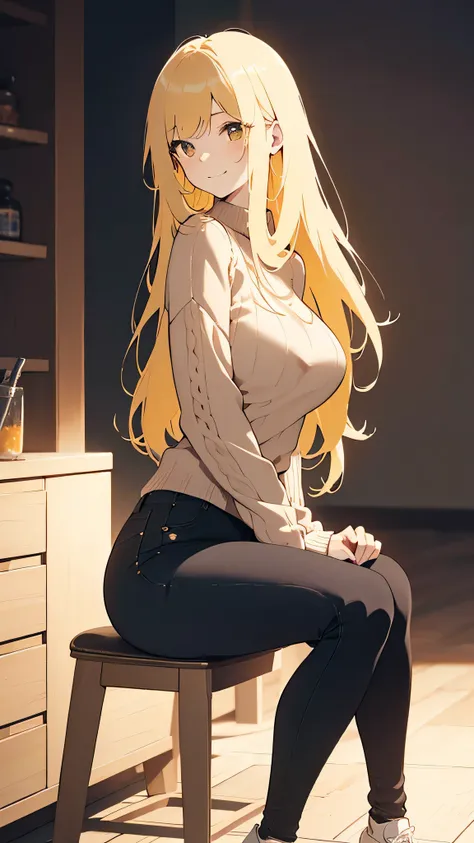 Beautiful anime girl with ((pale yellow long lush hair)) and a ((beige knitted sweater)), big beautiful lush breasts, beautiful hips, (best quality, masterpiece, clear focus), a well-developed beautiful face, well-developed hands, well-designed, (attention...