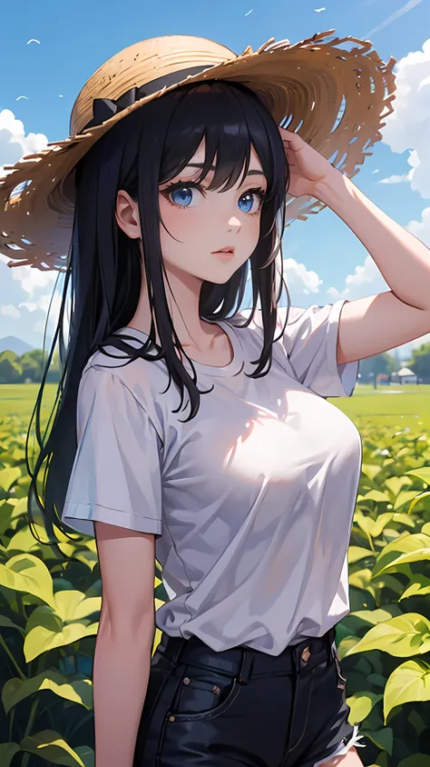 high quality，Best masterpiece，（1 busty girl：1.5），Solitary，20 years old，In the Garden，Sunlight，Long black hair，wearing straw hat，White T-shirt，Black shorts，Close-up of face，Blue Eyes，B-type breasts