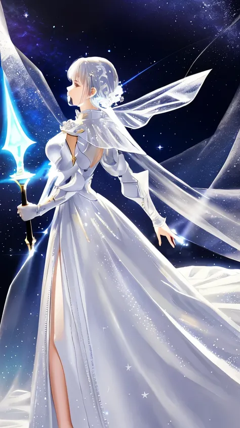 20 year old mature woman、 whole body、 Holy Knight，Dignified pose、Clear vinyl gloss armor、 Transparent PVC clothing, Carrying a Sword、Detailed face, Detailed skin, Beautiful Hair、starの空が髪を飾る, Translucent dress, White royal dress, Elegant white dress, Fantas...