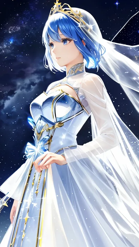 20 year old mature woman、 whole body、 Holy Knight，Dignified pose、Clear vinyl gloss armor、 Transparent PVC clothing, Carrying a Sword、Detailed face, Detailed skin, Beautiful Hair、starの空が髪を飾る, Translucent dress, White royal dress, Elegant white dress, Fantas...