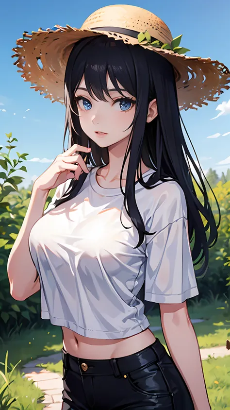 high quality，Best masterpiece，（1 busty girl：1.5），Solitary，20 years old，In the Garden，Sunlight，Long black hair，wearing straw hat，White T-shirt，Black shorts，Close-up of face，Blue Eyes，B-type breasts