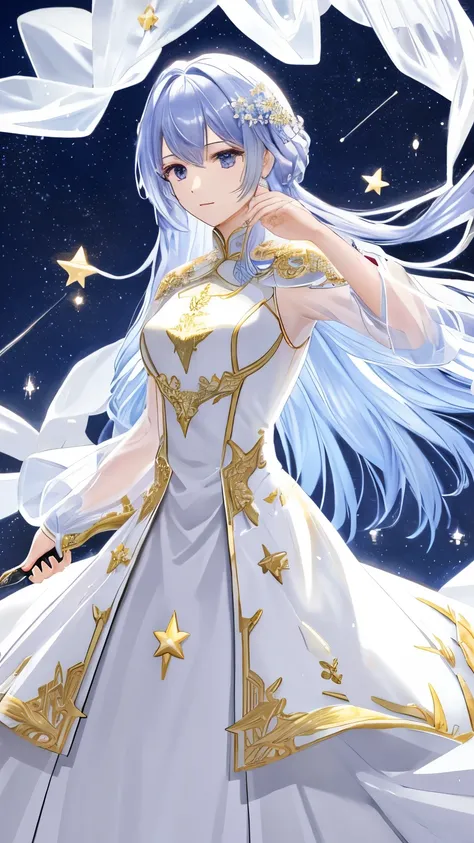 20 year old mature woman、 whole body、 Holy Knight，Dignified pose、Clear vinyl gloss armor、 Transparent PVC clothing, Carrying a Sword、Detailed face, Detailed skin, Beautiful Hair、starの空が髪を飾る, Translucent dress, White royal dress, Elegant white dress, Fantas...