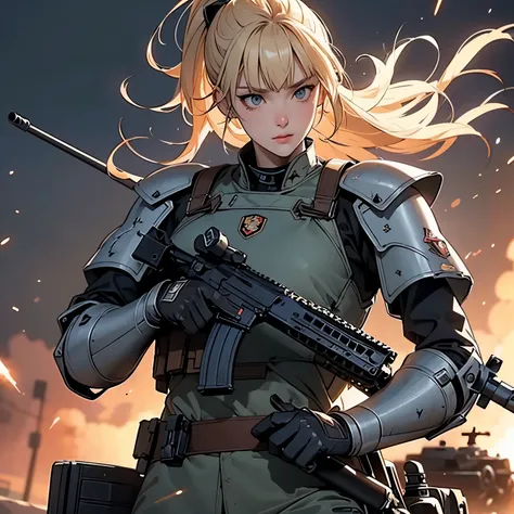 nsfw, anime screencap style, 16k, perfect anatomy proportion body, action, A dynamic composition with a sense of speed and movement, (shooting, Hold an assault rifle:1.6), a wife, 40age, perfect beautiful delicate sexy face, perfect beautiful delicate eyes...