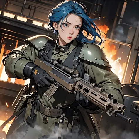 nsfw, anime screencap style, 16k, perfect anatomy proportion body, action, A dynamic composition with a sense of speed and movement, (Firing a steam engine assault rifle, shooting:1.6), a wife, 40age, perfect beautiful delicate sexy face, perfect beautiful...