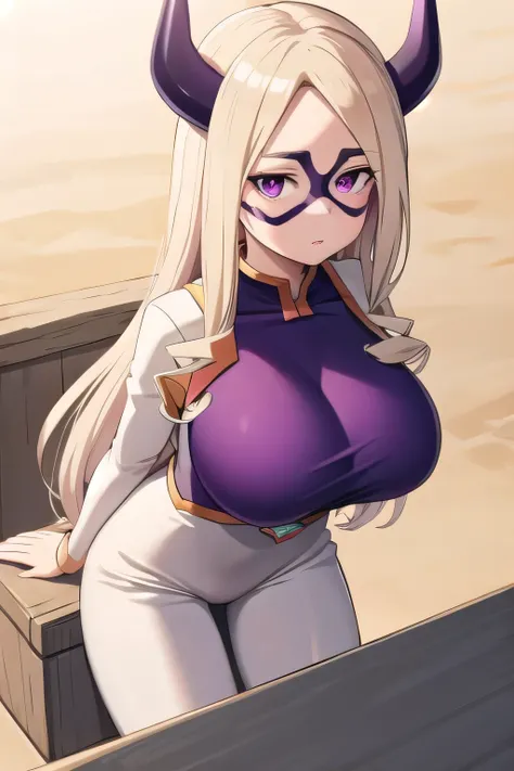 1girl, solo, big breasts, mount lady [my hero academia], bodysuit, domino mask, bodysuit, looking at viewer, purple horns