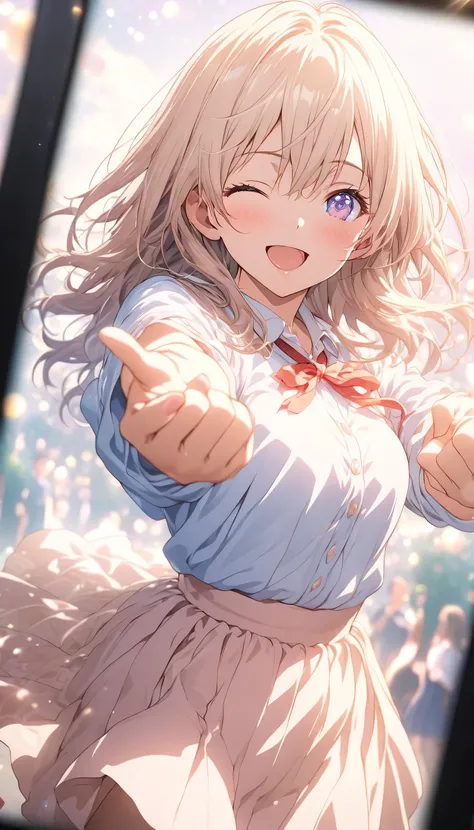 masterpiece, Best Quality, Highly detailed CG Unity 8k wallpaper, High School Girl Anime Illustration. Wear a ふわふわのモヘアニット, She is wearing a ふわふわのプリーツskirt., Carp Dance, Pointing index fingers of both hands, She has her eyes closed and her mouth open, smile...