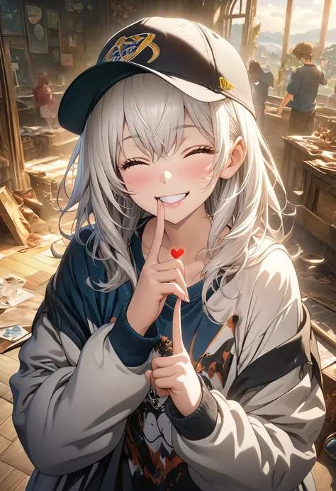 masterpiece, Highest quality, Highly detailed CG Unity 8K wallpapers, High School Girl Anime Illustration. Wear oversized clothing、making a heart with fingers, she has her eyes closed and mouth open, smile. Realistic Backgrounds, 3Dart, white hair color, Y...