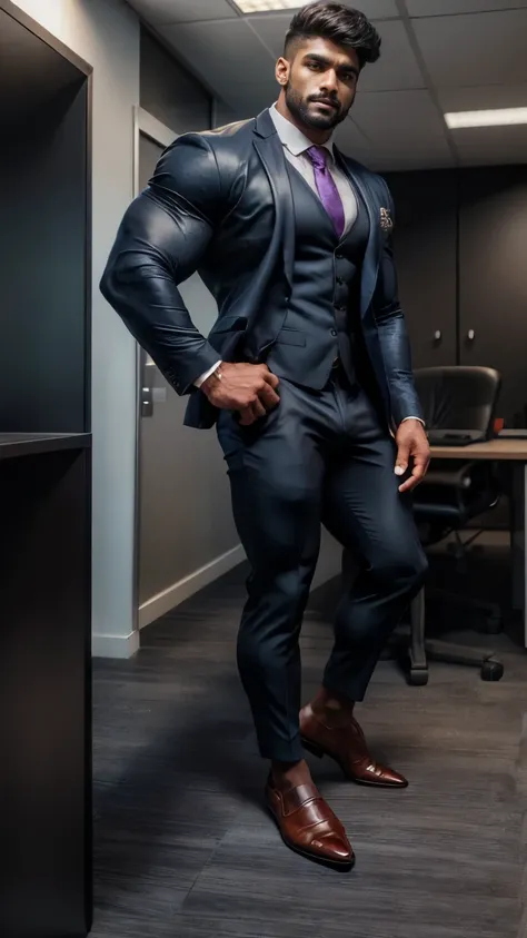 Handsome tall indian muscular hunk in formal suit, formal shoes, socks, standing in office with spreadlegs, masterpiece, hd, HDR, depth of field, hd, hdr, D750F nikon camera photography, sharpness, detailed picture, masterpiece 