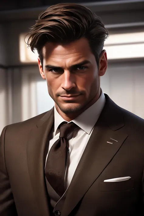 handsome male, 50 year old man, attractive, with an elegant suit, in a classroom, (brown hair with some white streaks), extremel...