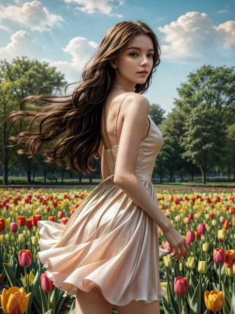 Beautiful woman, long hair, loose curls, graceful pose, the dress made of tulips, tulips in 10 colours, vibrant colours, silhouette flowing along body, graceful pose, flower garden, mysterious atmosphere, detailed petals, graceful, elegant, flower garden, ...