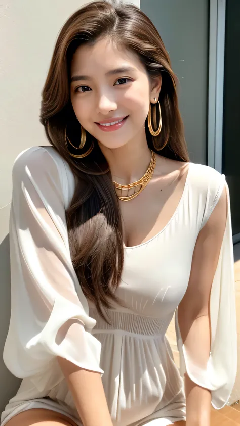 ((Super long brown hair reaching to her knees:1.4)),((standing gracefully:1.6)),((Super long brown hair reaching to her knees:1.4)),((gold necklace_Large earrings:1.2)),((shy smile:1.4)),((mideum breasts:1.4)),((wearing a thick white shirt mini dress:1.4)、...