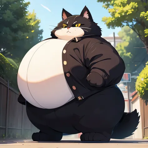 extremely fat anime cat standing, 300 pounds, obese, massive stomach