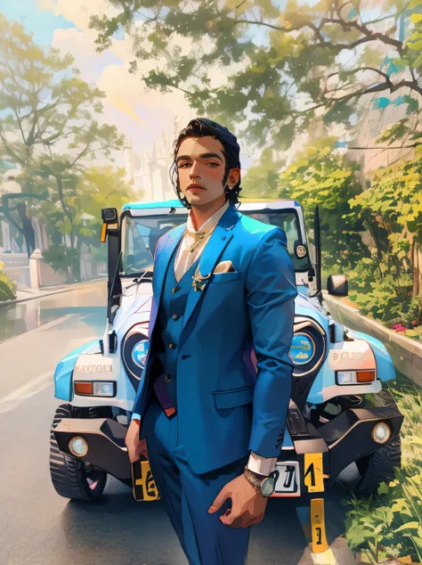 arafed man in a blue suit standing next to a jeep, dressed in a jodhpuri suit, full body photogenic shot, profile picture, professional picture, blue suit, formal attire, photo taken in 2 0 2 0, looking regal and classic, inspired by Saurabh Jethani, blue ...