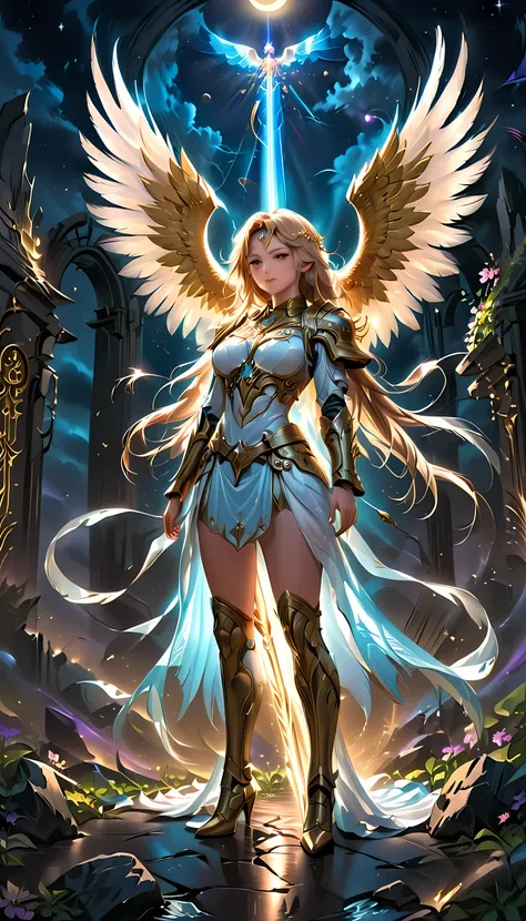 an epic fantasy art of aasimar, female, paladin ready for battle under the full moon, holy warrior, spread large feathered wings...