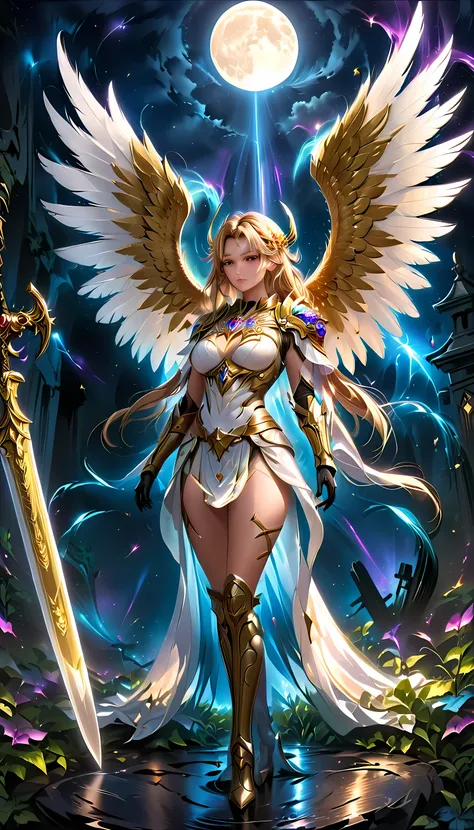 an epic fantasy art of aasimar, female, paladin ready for battle under the full moon, holy warrior, spread large feathered wings...