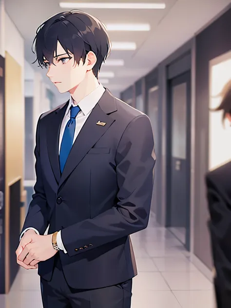 (looking away:1.5),upper body、 shiny skin, masterpiece、Best Quality、(2 male:1.5) and (Black short hair) and (blue eyes), (Wearing a suit:1.5) and (Blue tie)、 worried、open mouth,The background is an office corridor.、(alone:1.5)