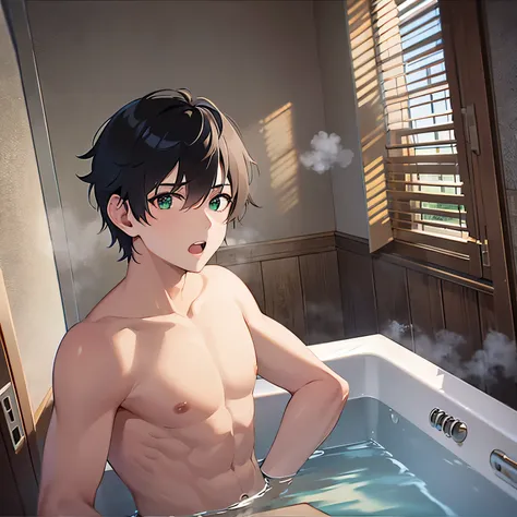 upper body、(night:1.5), indoors, window, reflection, dark bathroom, scenery, bathtub,(masterpiece), (best quality), (steam,crap:1.5), nude, (2 male:1.5) and (Brown short hair) and (Green Eyes), surprised, open mouth,
