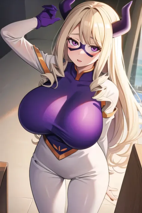 1girl, solo, big breasts, mount lady [my hero academia], bodysuit, domino mask, bodysuit, looking at viewer, purple horns, huge ...