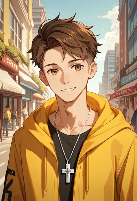 score_9_up, score_8_up, hi_res, half body, male (20 years old), dark blond medium haircut parting, brown eyes, Dressed in yellow hoodie, black t-shirt, silver necklace with cross on the hoodie, outside in the city modern, smiling, safe content, ((high qual...