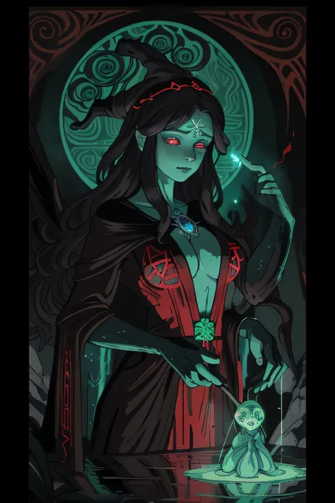 (limited palette: red green black),silhouette,woman, runes, glowing symbols, magic spell, medium breasts, oil painting (medium), highly detailed, dmt, witch, geodes, glowing eyes, light flowing in and out of her body, flowing glowing water, metal, frog, ar...