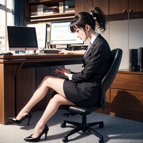 sitting at the desk， A working woman sits，ponytail，professional formal wear，Erlang legs，High heels
，Computer Desk，cupboards。