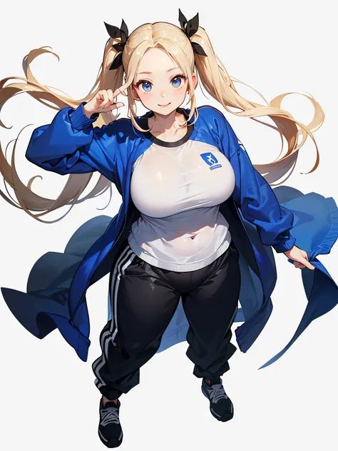 full body、、forehead:1.3、(((((Simple Background、Hide your hands、forehead:1.3、Twin tails、thick thighs10.0、Obese:30.0、big breasts:30.0、huge breasts:30.0、full body:100.0、standing:100.0、long tracksuit:100.0、jogger pants:10.0、Precision Hands:100.0、Accurate hands...