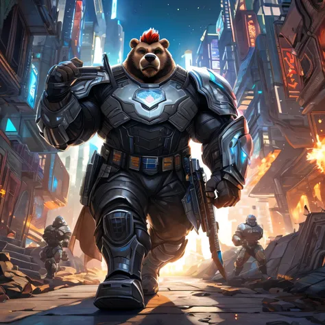 An anthropomorphic badass soldier bear (realistic, detailed, 2.5 meters tall, aesthetic physique, aesthetic proportions, muscle mountain, massive physique, well-built body, bright shining body, body made of light, bear head (bear head, brown thick full mus...