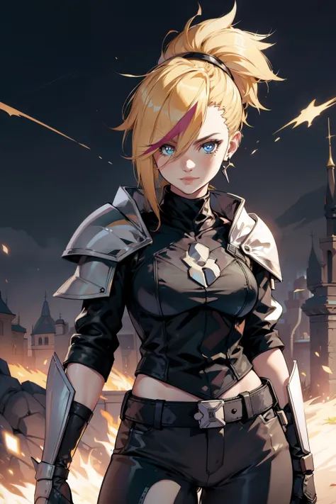 woman alone, blonde hair, short spiky hair, delicate armor, knight, fantasy, ironic smile, black pants, black gloves