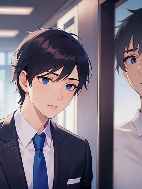 (looking away:1.5),upper body、 shiny skin, masterpiece、Best Quality、(2 male:1.5) and (Black short hair) and (blue eyes), (Wearing a suit:1.5) and (Blue tie)、 worried、open mouth,The background is an office corridor.、(alone:1.5)