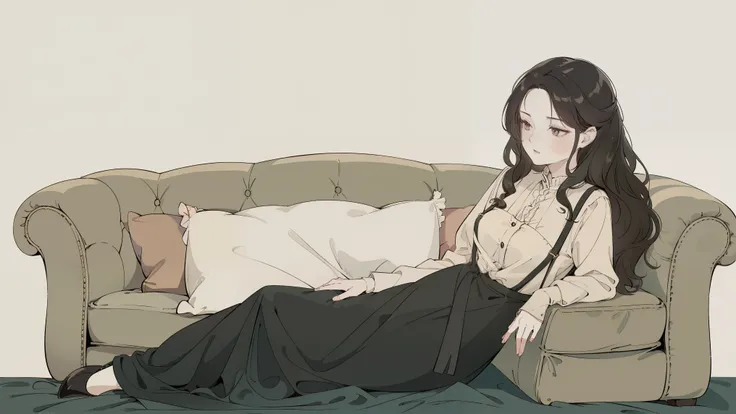 A mature woman lying on the sofa, A woman with long, black, wavy hair, Wearing suspenders, 、Exquisite facial features, Lifelike image quality, An Asian woman, Age: about 40, Surrealism