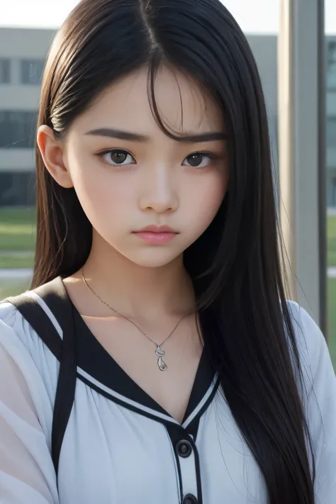 Viewer discretion advised、Best Quality、Ultra-high resolution、1 person、whole body。Black Hair、Troubled expression、Looking into the camera、Beautiful and exquisite face、Fine and beautiful skin、Skin Texture、Android Junior High School Student、(Junior high school...